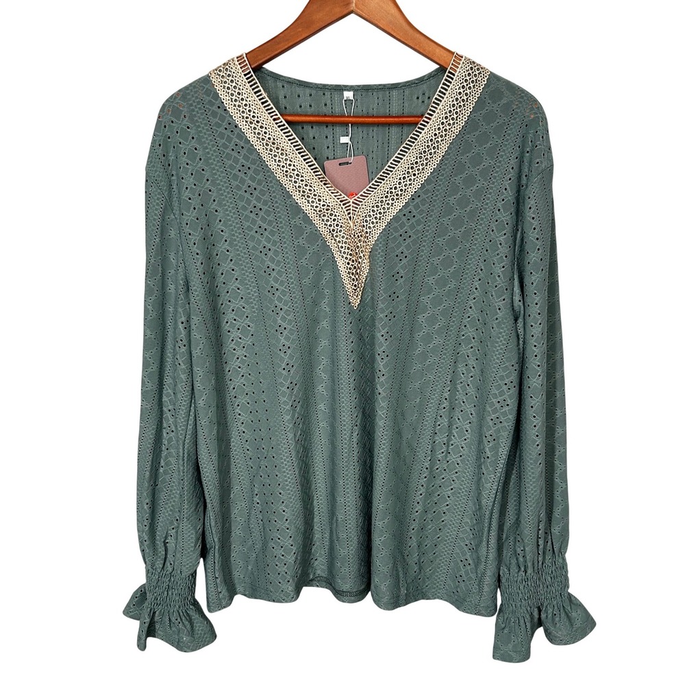 Yesfashion Green Stretchy Blouse Lace Neckline Wide Elastic Cuffs Women's XL NWT